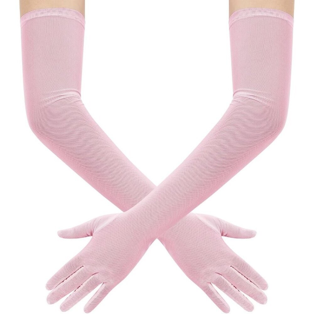 Women's Tulle Mesh Pink Long Stretchy Gloves Halloween Party Wedding Costume